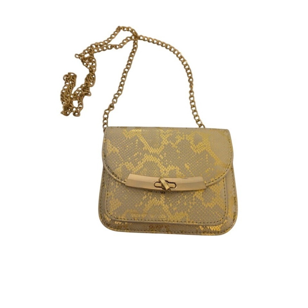 Gold‎ Metallic Snakeskin Embossed Crossbody Bag Chain Strap Turn Lock Closure